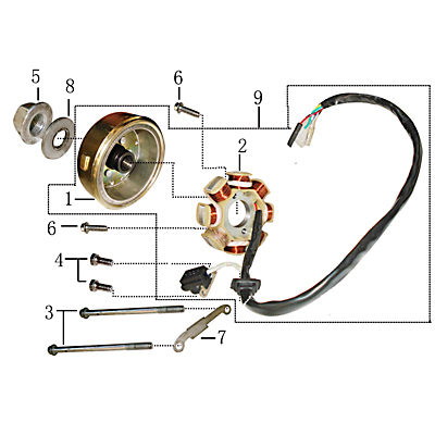 Lichtmaschine Stator DC 11 11 Spulen D=88mm AGM 125ccm 4Takt Motorroller.de Pick-up außen 6 Kabel 1x4 + 2x1pol Ankerplatte Zündplatte Zündgrundplatte