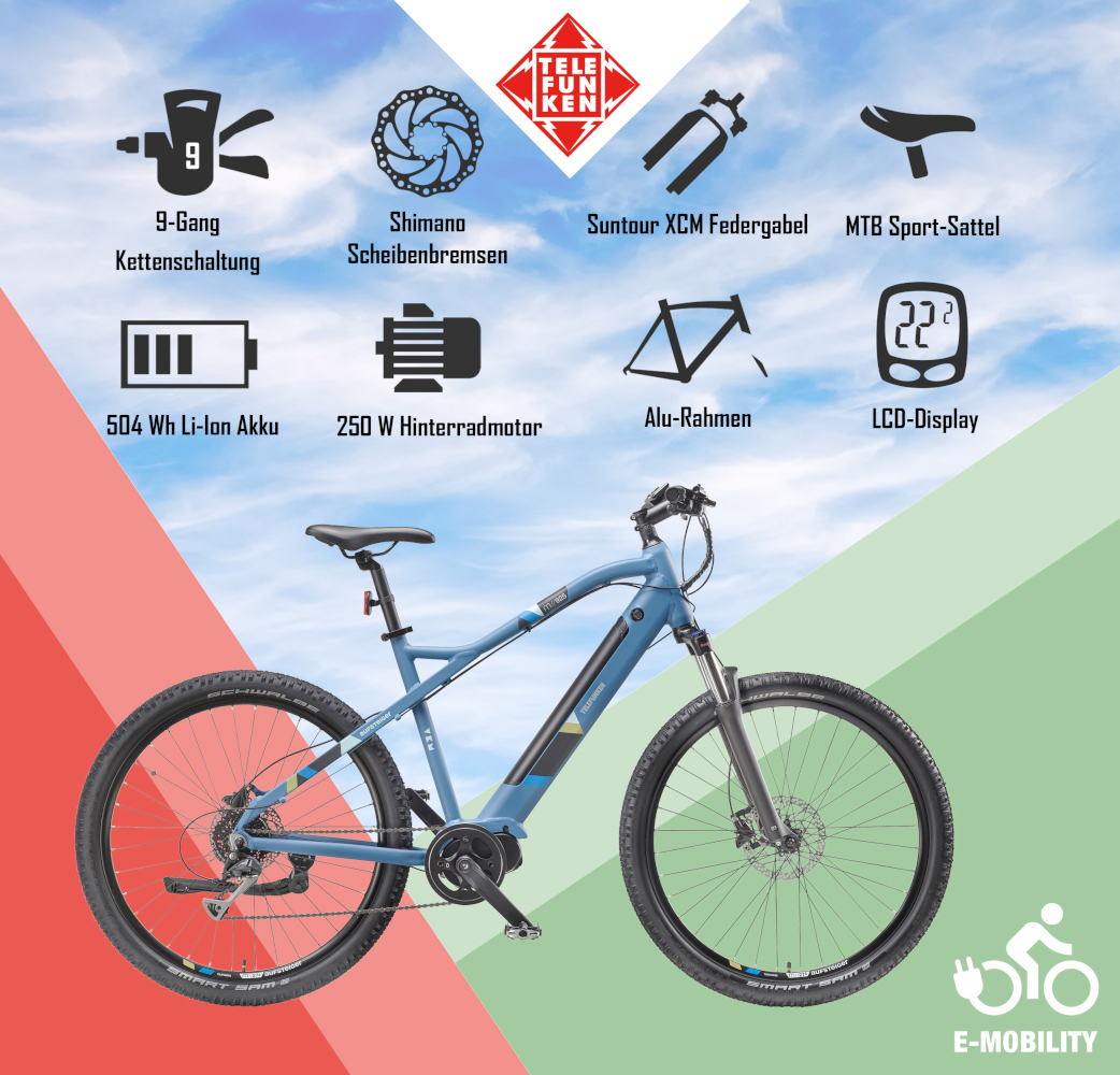 E-Bike Telefunken M925 Aufsteiger Elektrofahrrad MTB-Pedelec blau 27,5" RH 50cm E-Fahrrad Mountainbike
