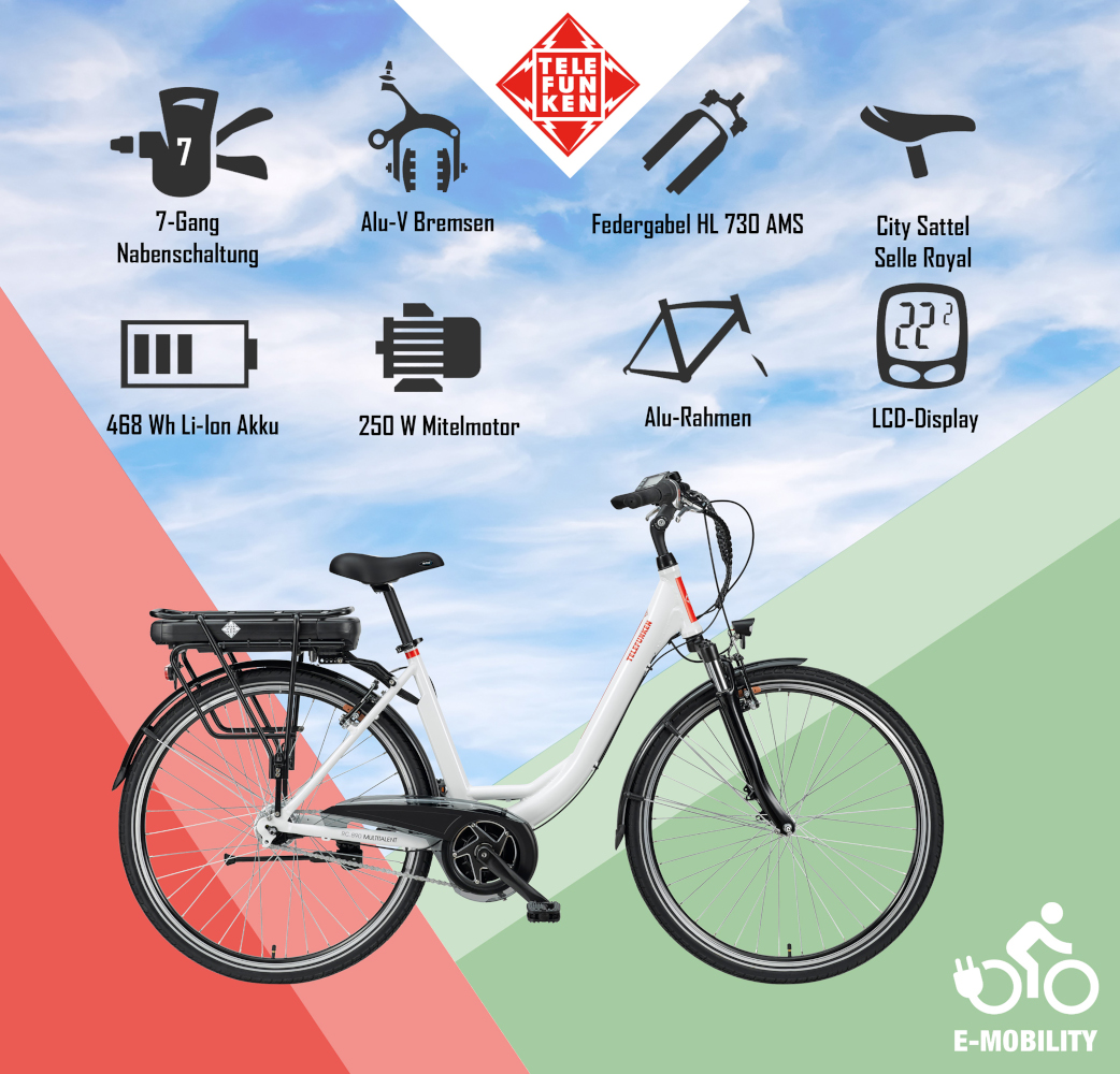 E-Bike Telefunken RC890 Multitalent Elektrofahrrad City-Pedelec weiß 28" RH 49cm E-Fahrrad Citybike