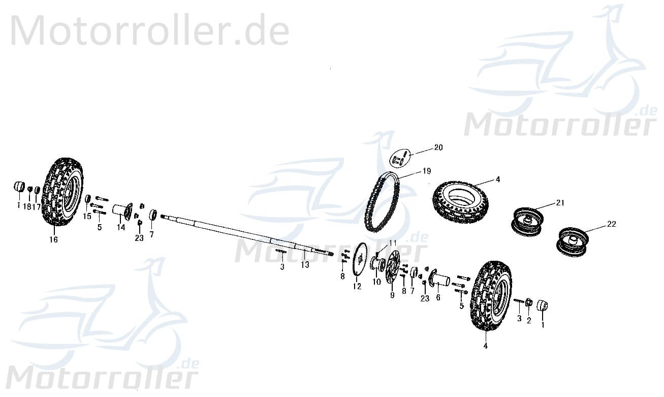 Kasea Kinderbuggy Hinterrad links Komplett 40ccm 4Takt KB5-10547 Motorroller.de Hinterradfelge hinten Hinter-Rad Kinderbuggy 45 III Ersatzteil Service