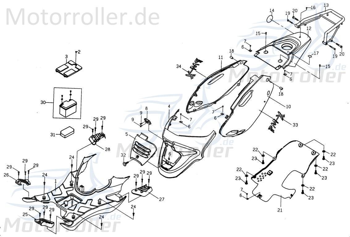 PGO PMX 110 Sitzbankverkleidung unten Kobaltblau Roller 110ccm 2Takt P26250204L0 Motorroller.de Sitzverkleidung Mittelverkleidung Sitz-Verkleidung