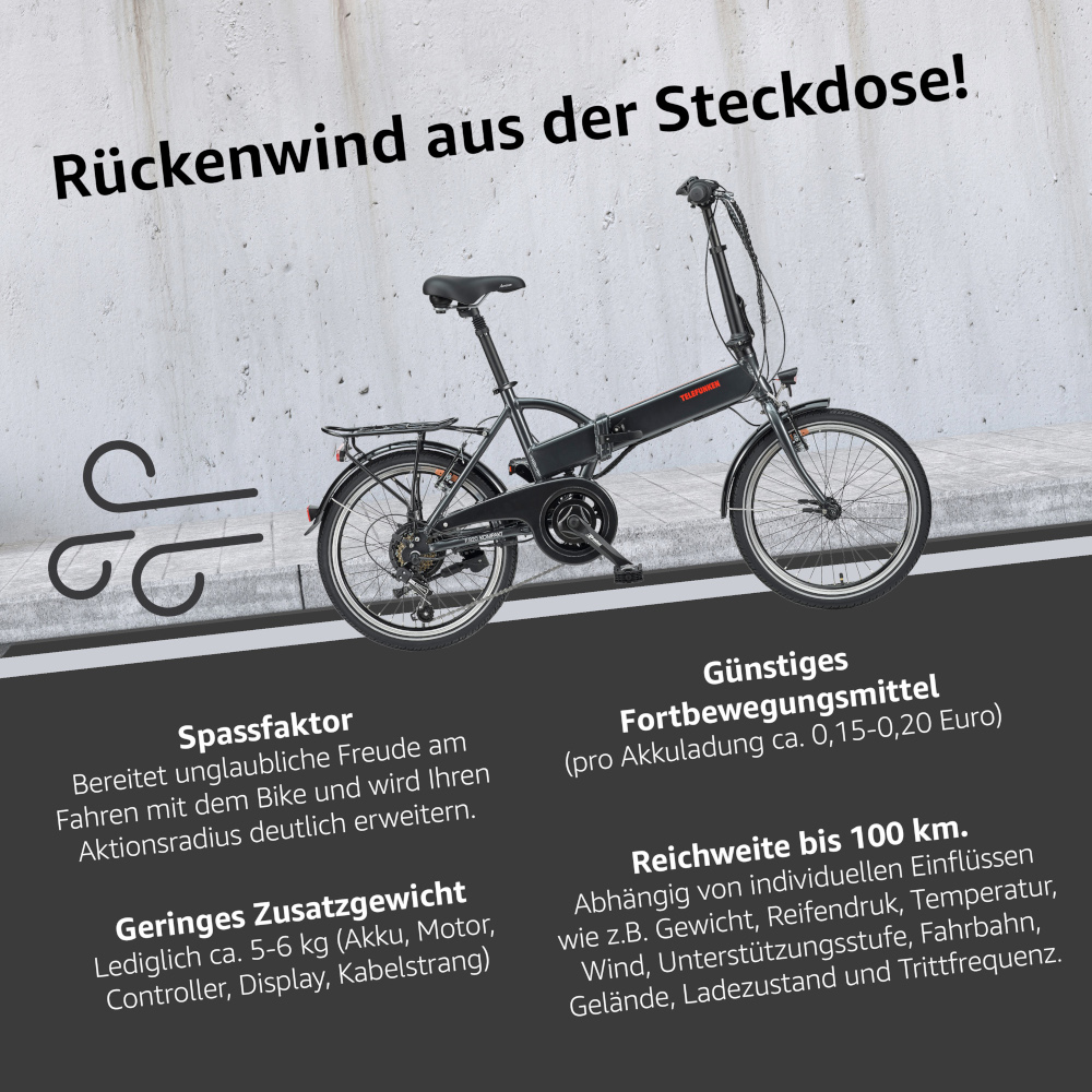 E-Bike Telefunken F820 Kompakt Elektrofahrrad Trekking-Pedelec anthrazit 20" RH 37cm E-Fahrrad Faltrad