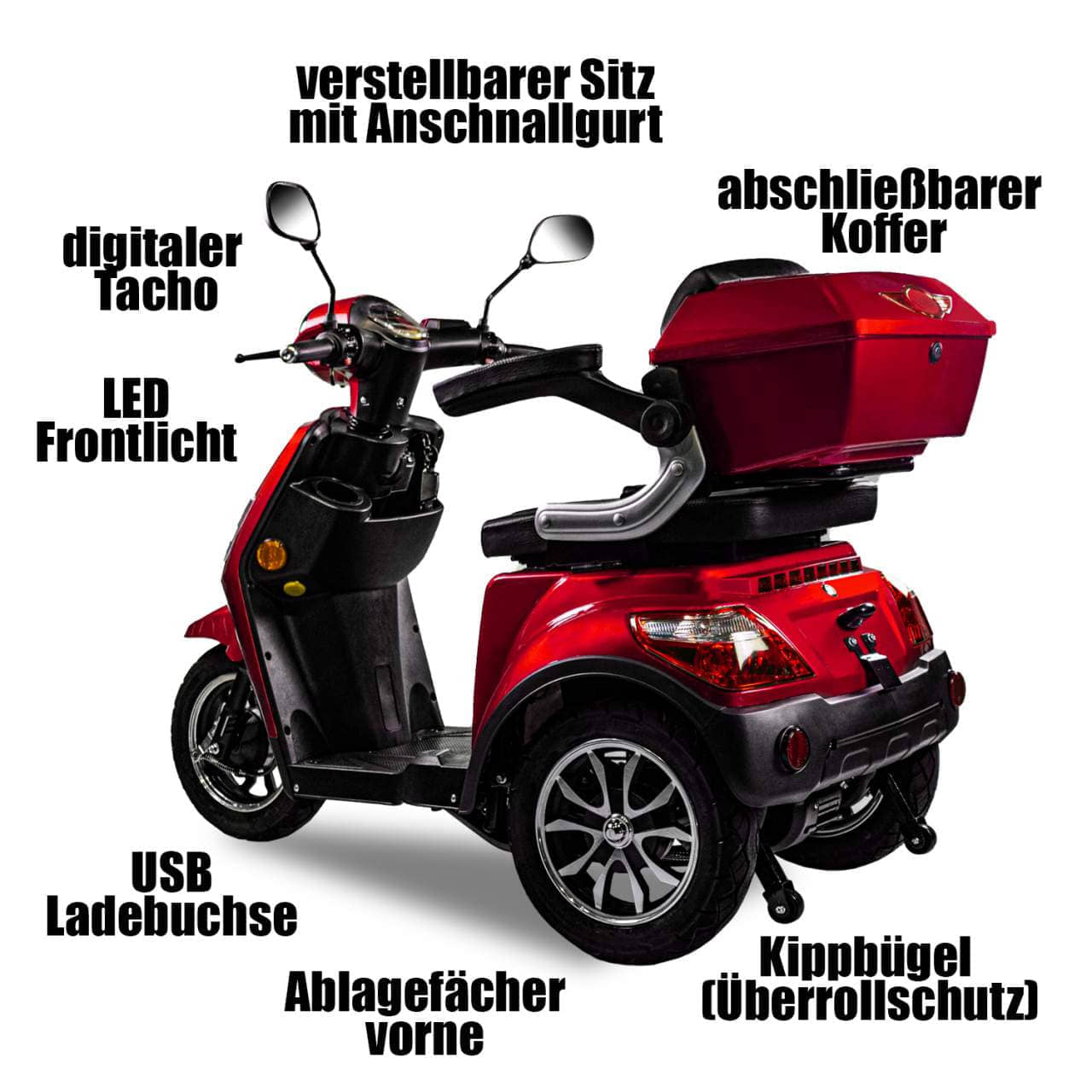Elektroroller Scoody E3 Trike Y3 25 km/h rot Dreiradroller E-Roller E-Dreirad E-Scooter Seniorenroller Seniorenmobil E-Trike Handycaproller