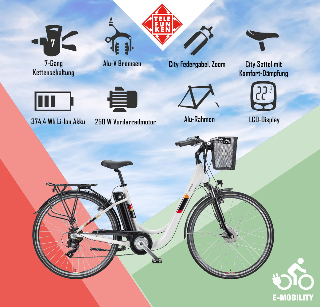 E-Bike Telefunken RC822 Multitalent Elektrofahrrad City-Pedelec weiß 28" RH 48cm E-Fahrrad Citybike