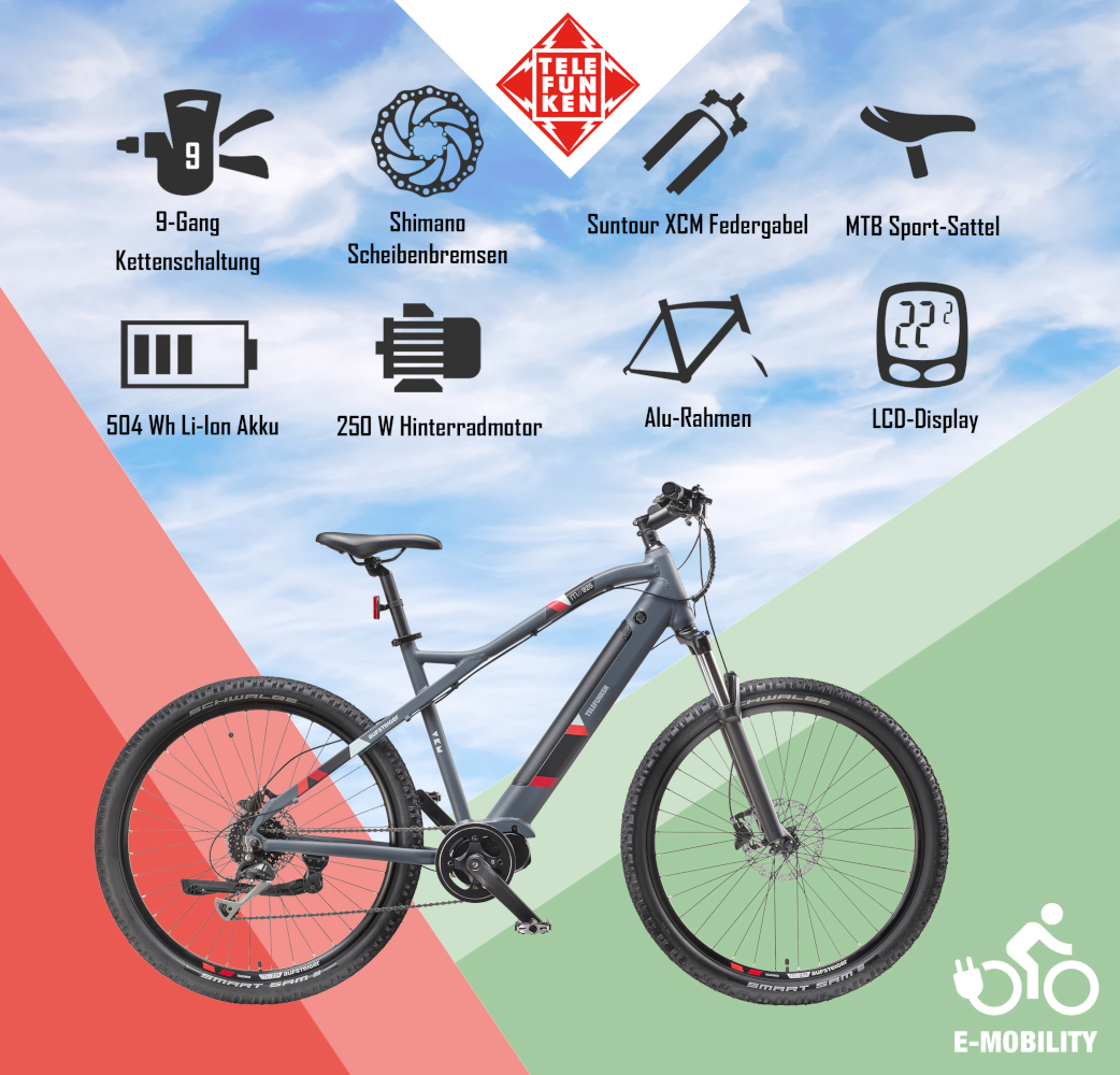 E-Bike Telefunken M925 Aufsteiger Elektrofahrrad MTB-Pedelec graphit 27,5" RH 50cm E-Fahrrad Mountainbike