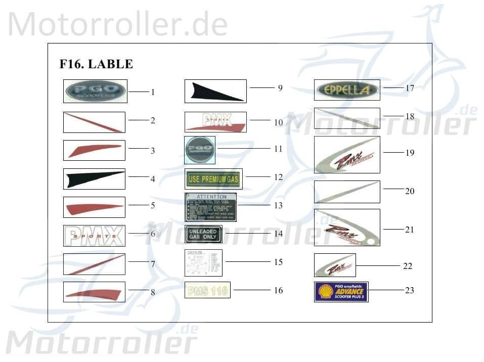 PGO Aufkleber Lenkerverkleidung links PMX 110 Sticker P26013000001 Motorroller.de Dekor Dekor-Aufkleber Klebeetikett PMX 50 Mokick Ersatzteil