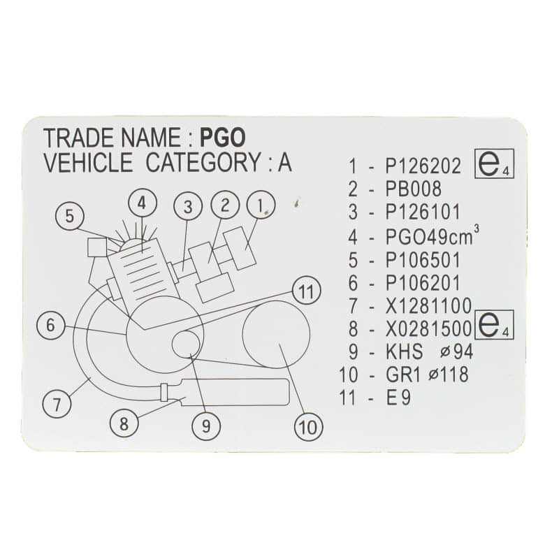 PGO Aufkleber Motorinformationen X-Rider 90 Sticker X1603090000 Motorroller.de Typenschild Klebeetikett PGO 50ccm-2Takt Quad ATV X-RIDER 110