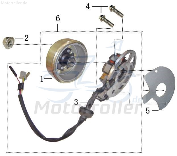 Adly Air Tec 1 50 AC Lichtmaschine Stator 50ccm 2Takt 782600232 Motorroller.de 6 Spulen Pick-up außen D=79mm 5 Kabel 1x3 + 2x1 Pol Ankerplatte 1E40QMB