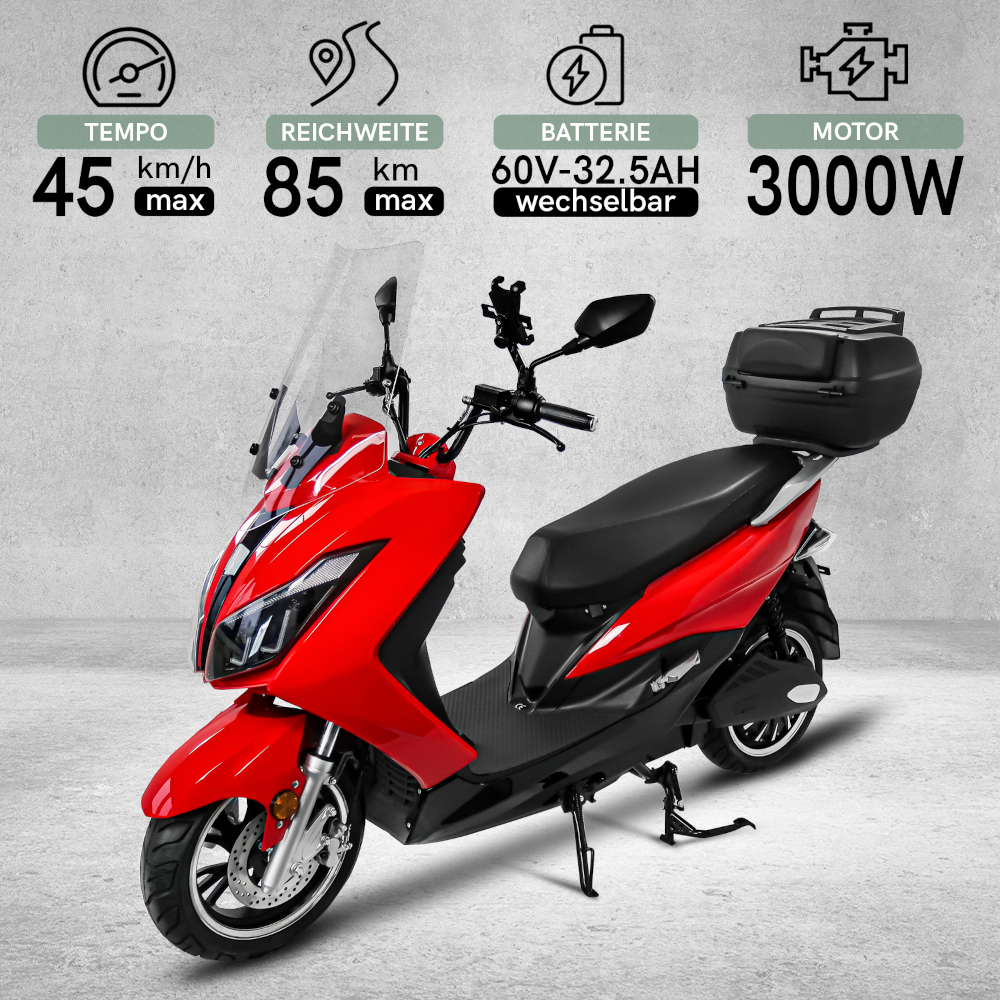 Elektroroller Scoody MX2-45 45 km/h E-Scooter E-Roller Lithium-Akku 3000 Watt mit Topcase und Straßenzulassung