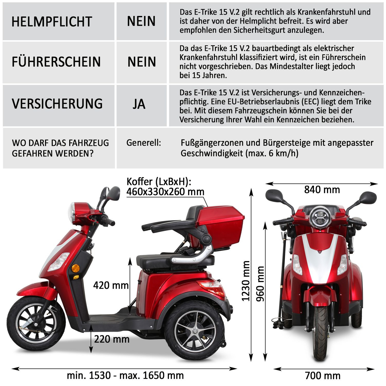Dreiradroller Scoody E3 Trike 15 1000W 15 km/h Blei-Gel-Akku Elektroroller E-Roller E-Dreirad E-Trike keine Helmpflicht