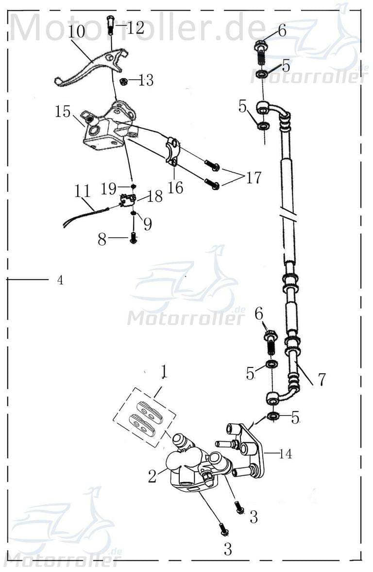 Rex Monza 50 Bremssattel silber Bremszange vorne links Motorroller.de 50ccm 4Takt 139QMB JSD50QT-13 50cc 4T 139QMA Brems-Sattel Brems-Zange