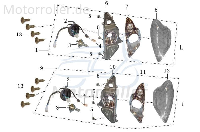 Scheinwerfer links 12V 35/35W Birnensockel PX43t 50ccm 2Takt Motorroller.de Frontscheinwerfer Hauptscheinwerfer Front-Scheinwerfer Vorderlicht 152QMI