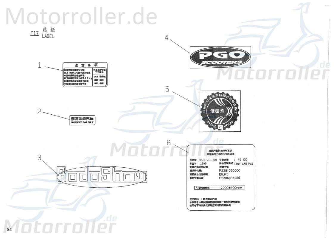 PGO Rodoshow 50 Aufkleber Sticker 50ccm 2Takt 98014500075 Motorroller.de DB dezibel Test Dekor Dekor-Aufkleber Klebeetikett Scooter Ersatzteil Service