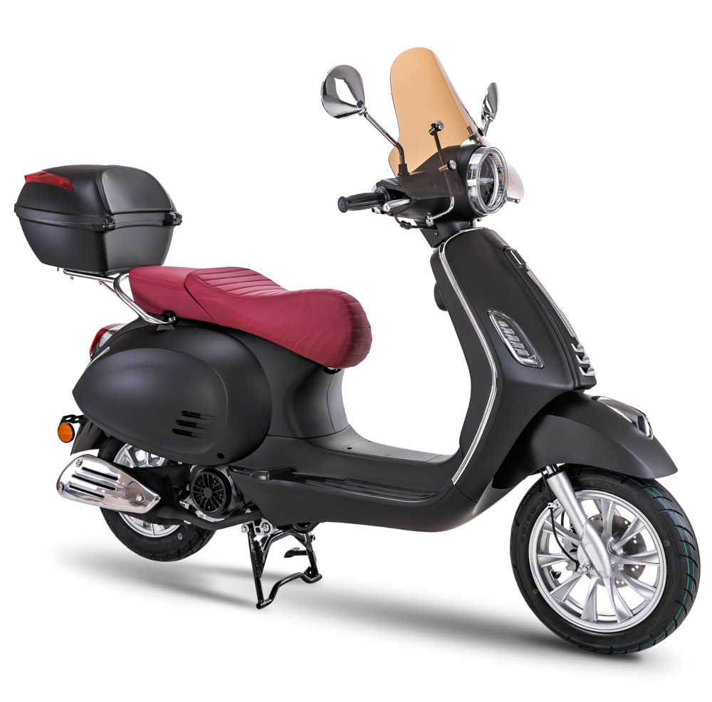 Motorroller Fighter 125 R-R schwarz Euro 5 Leichtkraftrad Scooter Retroroller mit Topcase und Windschild
