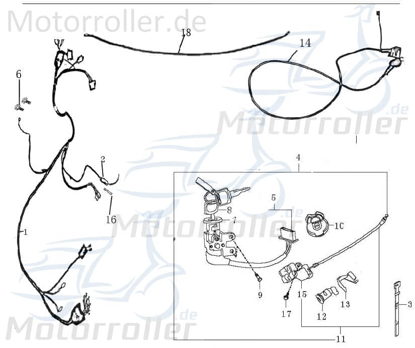 Kabelbaum mit wasserdichten Zündschloss Stecker 1070401-4 Motorroller.de Kabelsatz Stromverteiler Strom-Verteiler Kabel-Set Kabelbündel Kabel-Baum