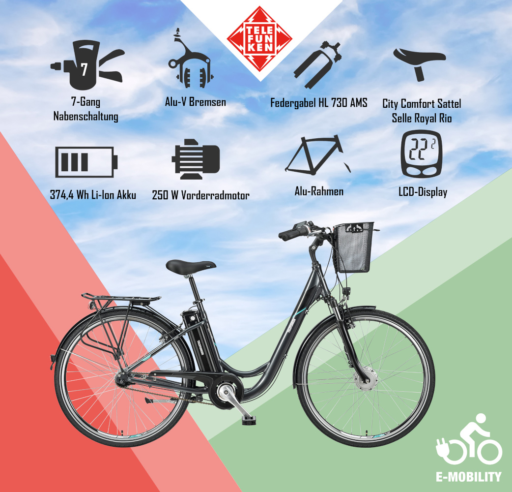 E-Bike Telefunken RC840 Multitalent Elektrofahrrad City-Pedelec anthrazit 28" RH 48cm E-Fahrrad Citybike