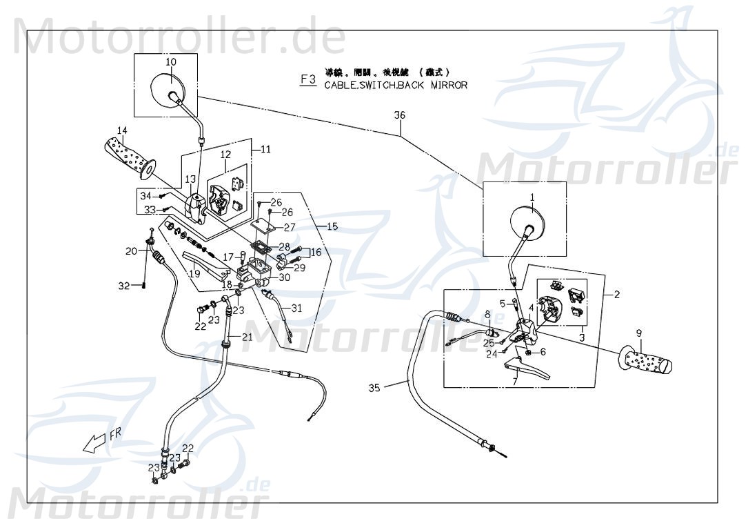 PGO Lenkerarmatur rechts Ligero RS 125 Bedienelement Roller P1548003000 Motorroller.de Schaltergehäuse Kombischalter Schaltereinheit Schalterelement