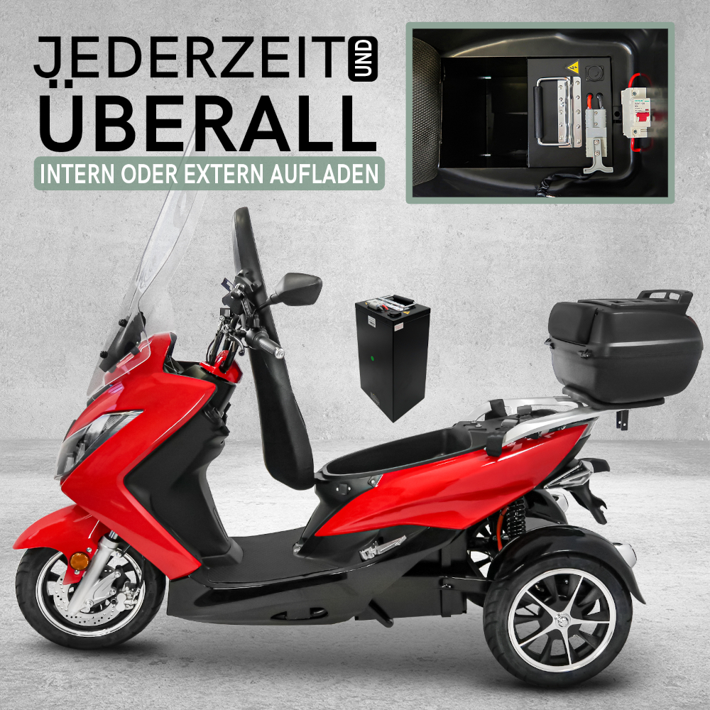 Elektroroller Scoody MX3-25 25 km/h Dreirad Trike E-Roller E-Scooter 1500 Watt mit Topcase und Straßenzulassung