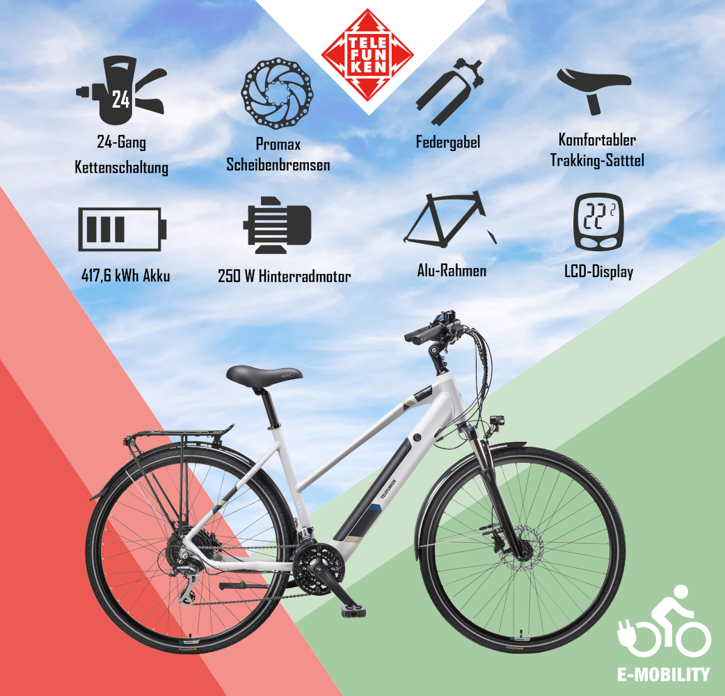 E-Bike Telefunken XC940 Expedition Elektrofahrrad Trekking-Pedelec kreide 28" RH 50cm E-Fahrrad Trekkingrad Damenrad