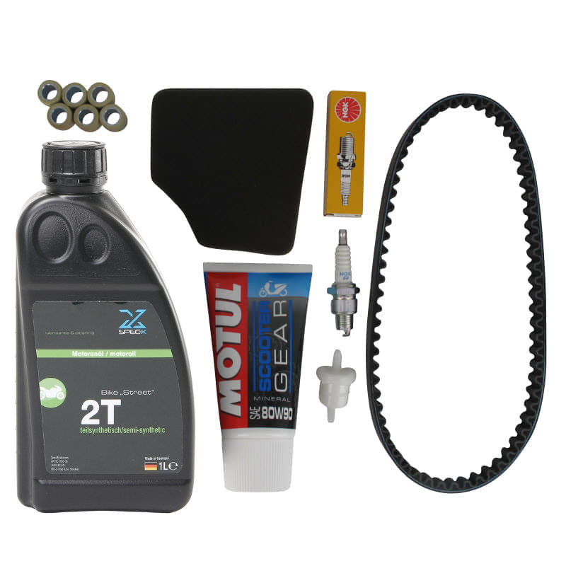 Inspektion Set 2Takt 50ccm Keilriemen 788x17x28mm Kit 8007157 Motorroller.de Wartung Satz Service Scooter Jonway Florett 50 RS DD Galactica Moped