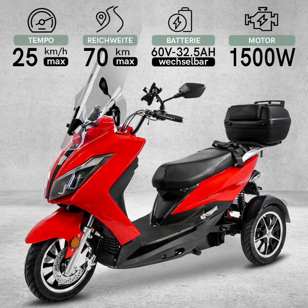 Elektroroller Scoody MX3-25 25 km/h Dreirad Trike E-Roller E-Scooter 1500 Watt mit 2 Akkuboxen, Topcase und Straßenzulassung