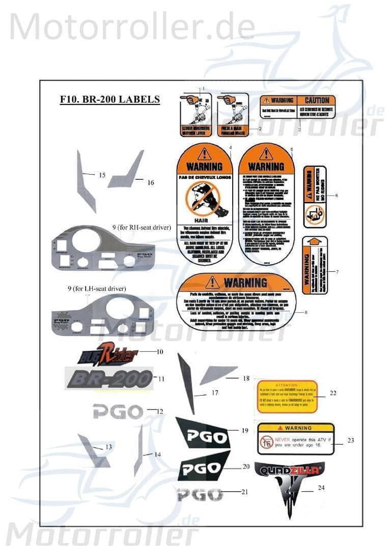 PGO Aufkleber Verkleidung links rechts Bugrider 50 Sticker B56012000000 Motorroller.de Dekor Dekor-Aufkleber Klebeetikett Buggy Bugrider 250 Service