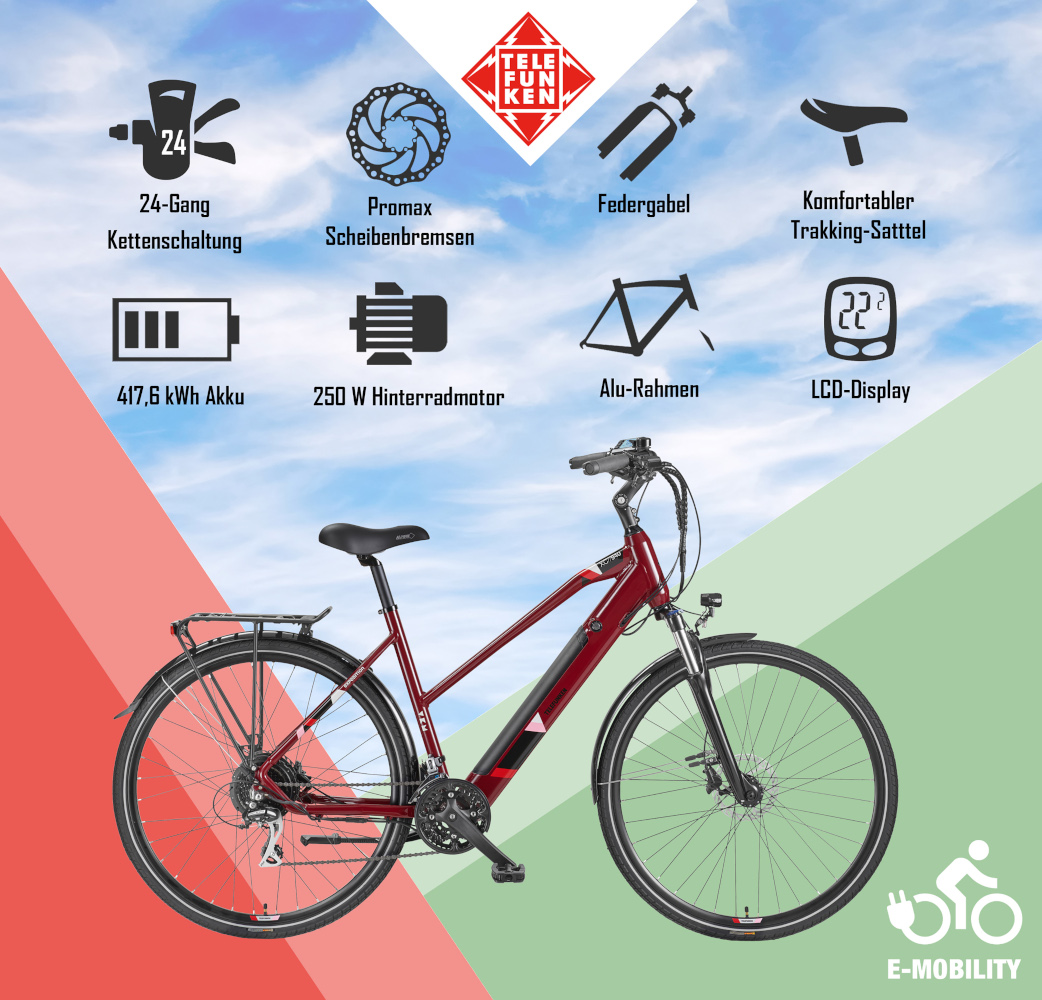 E-Bike Telefunken XC940 Expedition Elektrofahrrad Trekking-Pedelec weinrot 28" RH 50cm E-Fahrrad Trekkingrad Damenrad