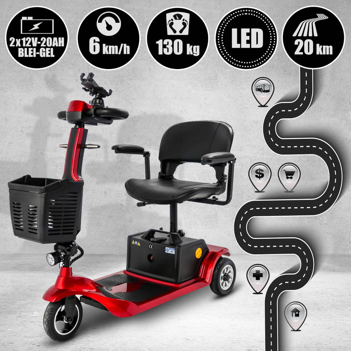 Dreiradroller Scoody E3 Trike 6 300W 6 km/h E-Roller Krankenfahrstuhl Elektroroller Seniorenmobil Seniorenroller Handycaproller E-Scooter