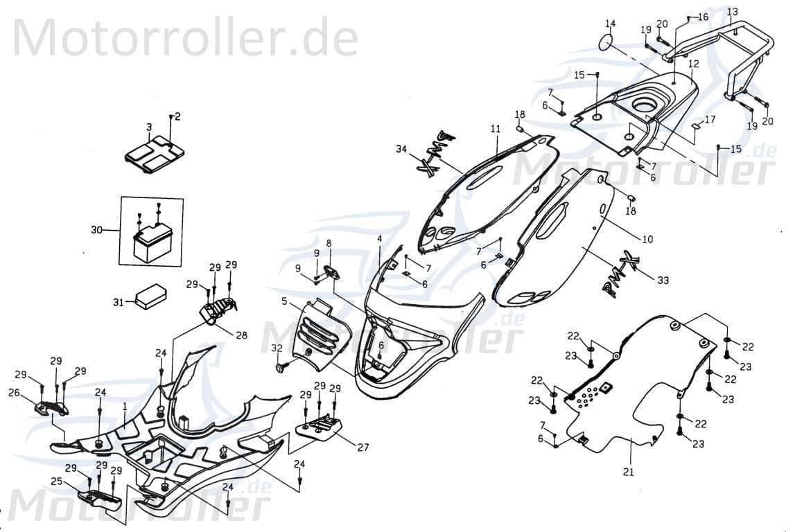 PGO PMX 110 Seitenverkleidung rechts Neongrün Seitenteil 110ccm 2Takt P26255002B0 Motorroller.de Seitendeckel Seitenabdeckung Seitenleiste Seitencover