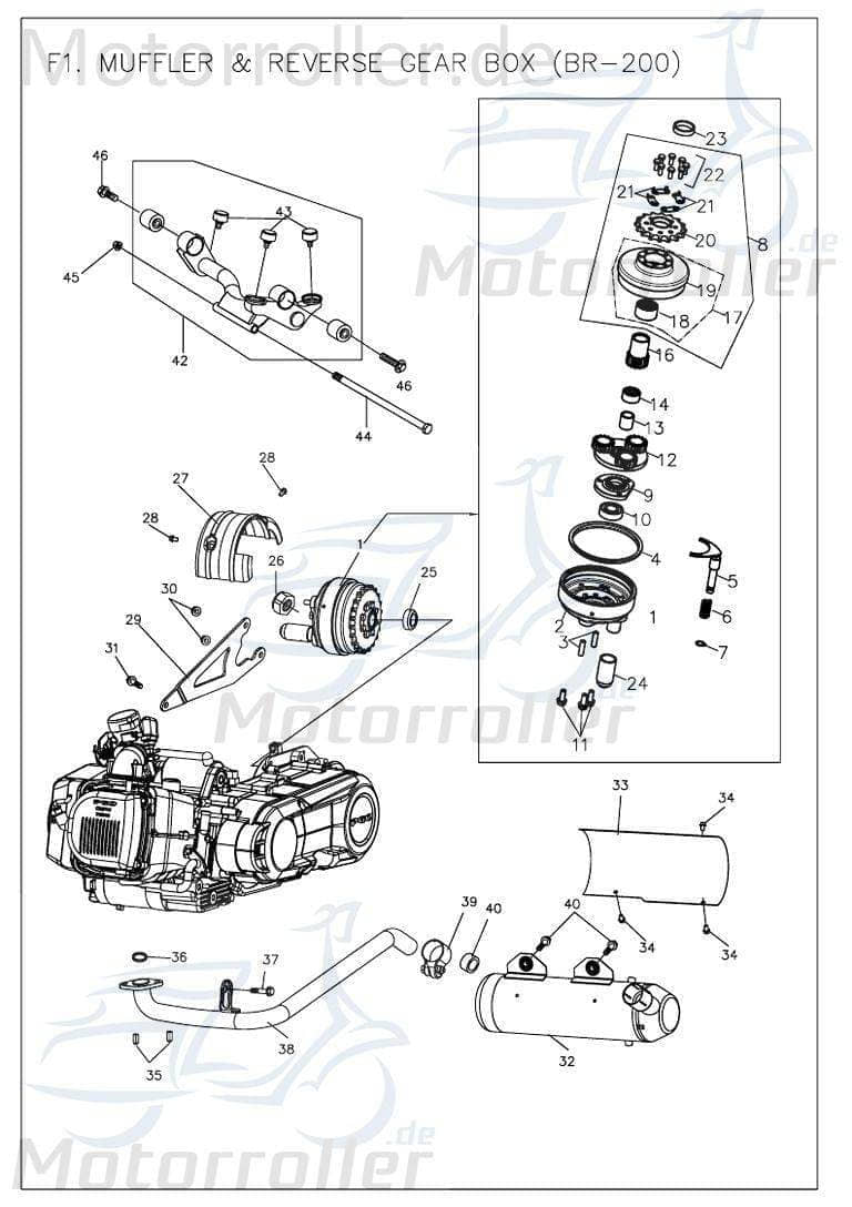 PGO Bugrider 200 Auspuffrohr vorn 200ccm-4Takt Auspuffanlage 200ccm 4Takt B52811000002 Motorroller.de Auspufftopf PGO 200ccm-4Takt Buggy Ersatzteil