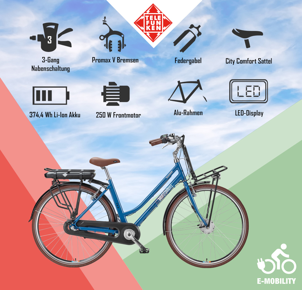 E-Bike Telefunken RT530 Multitalent Elektrofahrrad City-Pedelec blau 28" RH 50cm E-Fahrrad Citybike