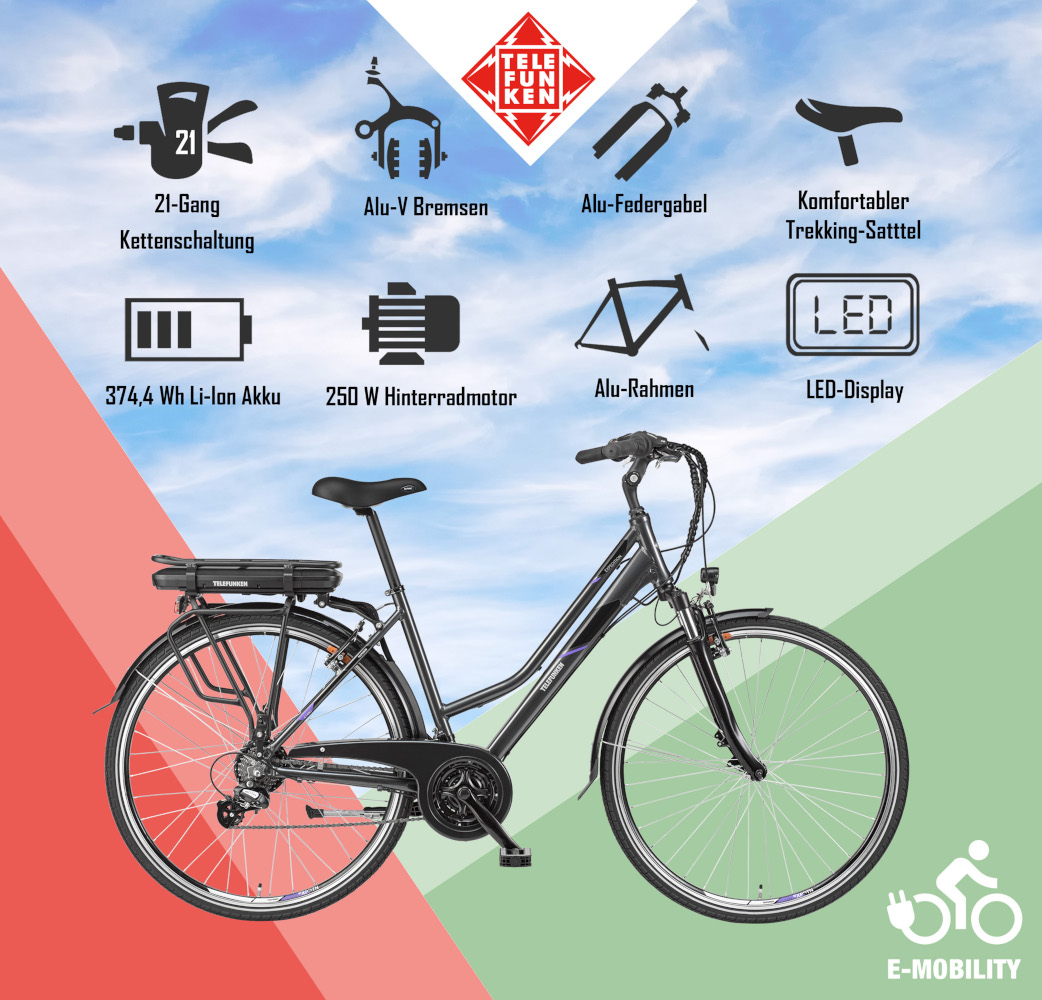 E-Bike Telefunken XT480 Expedition Elektrofahrrad Trekking-Pedelec anthrazit 28" RH 48cm E-Fahrrad Trekkingrad Damenrad