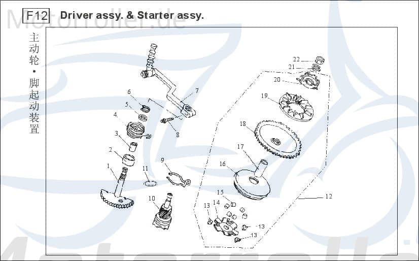 Baotian BT49QT-9 4T Antriebsrad 50ccm 4Takt BAO-BT139QMB-110002 Motorroller.de Ritzel Starter Antriebsritzel Fußstarter 50ccm-4Takt Scooter Ersatzteil