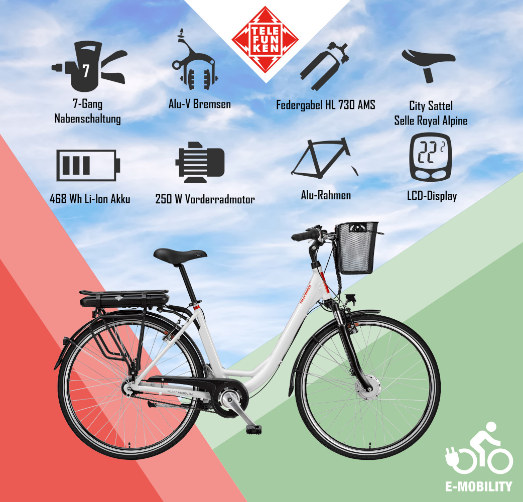 E-Bike Telefunken RC657 Multitalent Elektrofahrrad City-Pedelec weiß 28" RH 49cm E-Fahrrad Citybike