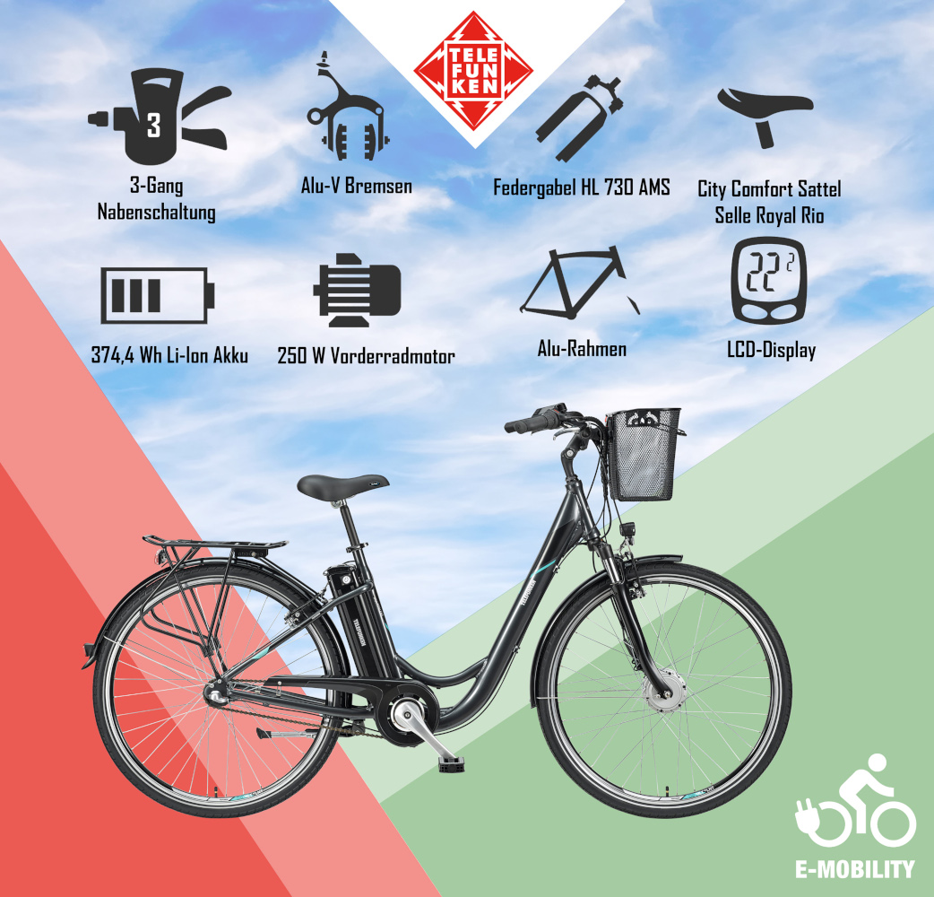 E-Bike Telefunken RC830 Multitalent Elektrofahrrad City-Pedelec anthrazit 28" RH 48cm E-Fahrrad Citybike