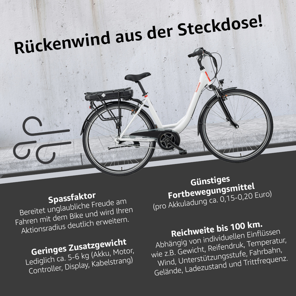 E-Bike Telefunken RC890 Multitalent Elektrofahrrad City-Pedelec weiß 28" RH 49cm E-Fahrrad Citybike