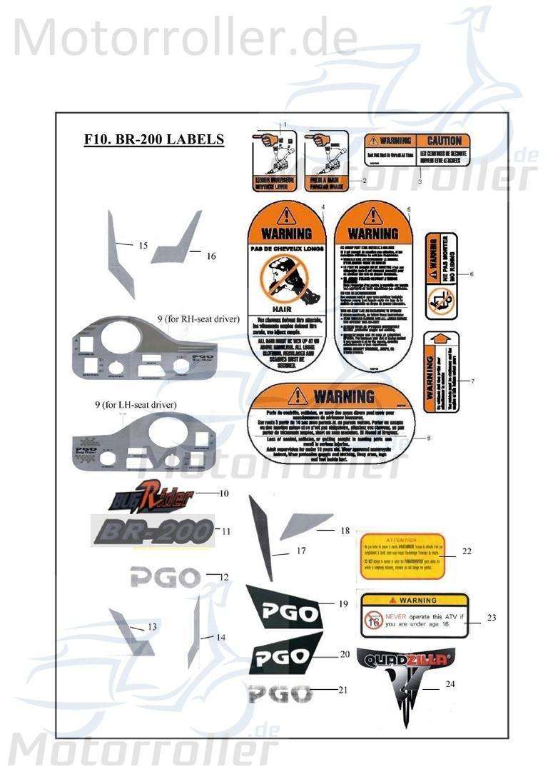 PGO Bugrider 200 Aufkleber BR-200 Sticker Dekor Buggy 200ccm 4Takt B56012300000 Motorroller.de Dekor-Aufkleber Klebeetikett PGO 200ccm-4Takt Service