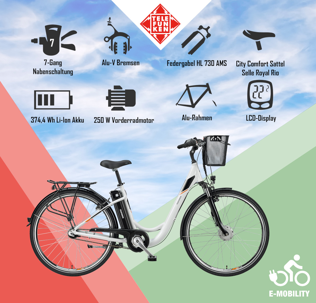 E-Bike Telefunken RC840 Multitalent Elektrofahrrad City-Pedelec weiß 28" RH 48cm E-Fahrrad Citybike